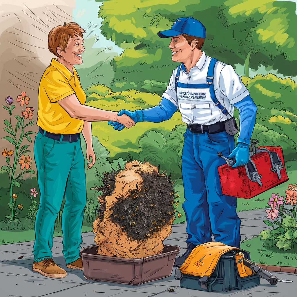 Dessin d'un client qui serre la main d'un technicien de désinsectisation guêpes et frelons